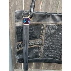 Handmade spooky cat boho Leather Fringe Western bag charm, Long fringe keychain